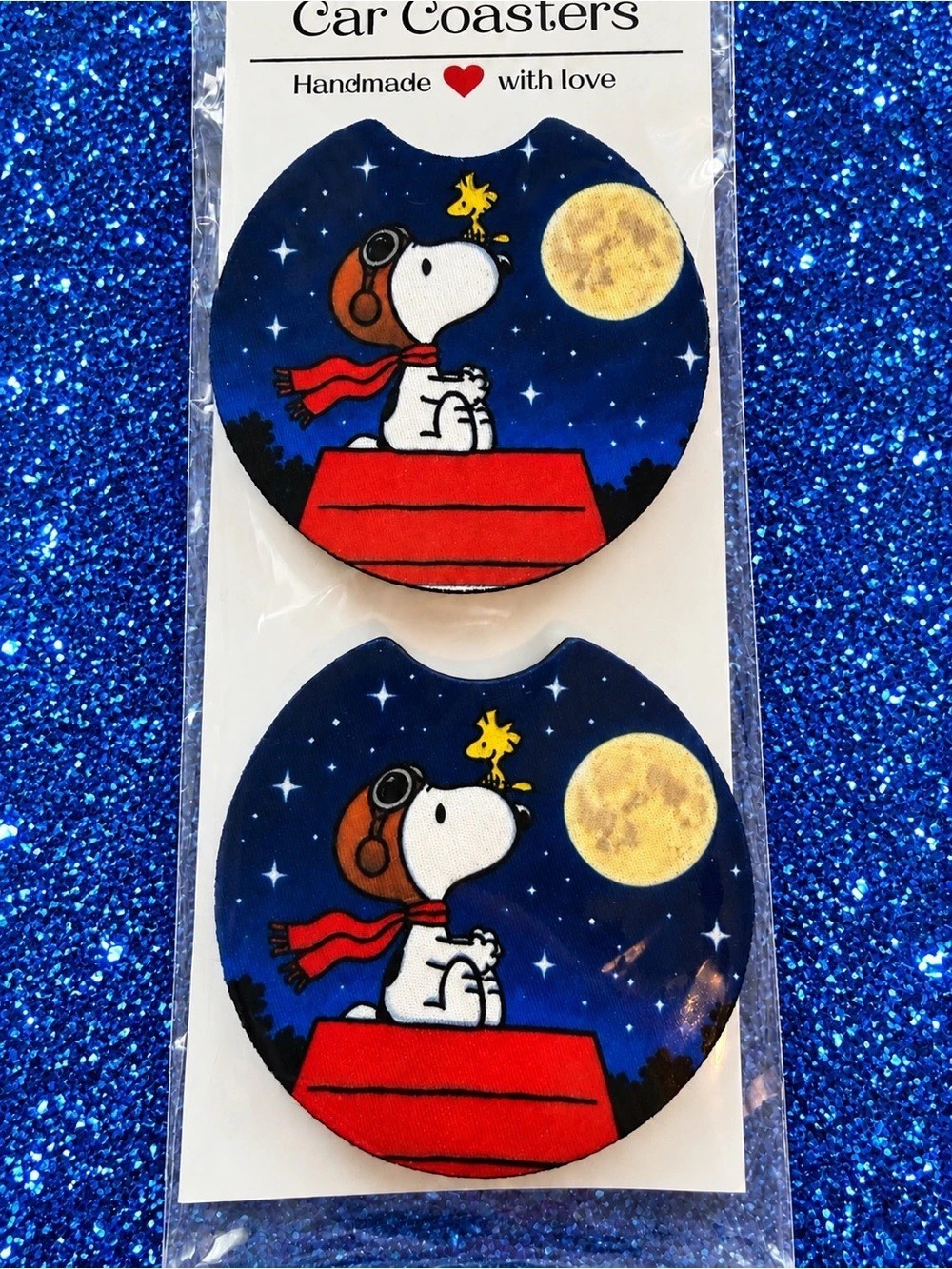 Snoopy Car Coasters Set of 2 Blue & Red